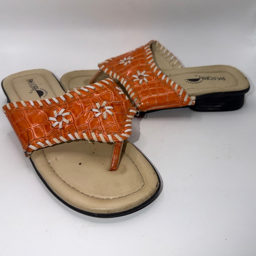Resort 7 Orange Faux Croc Whipstitch Sandals Beach Tropical Coastal Preppy